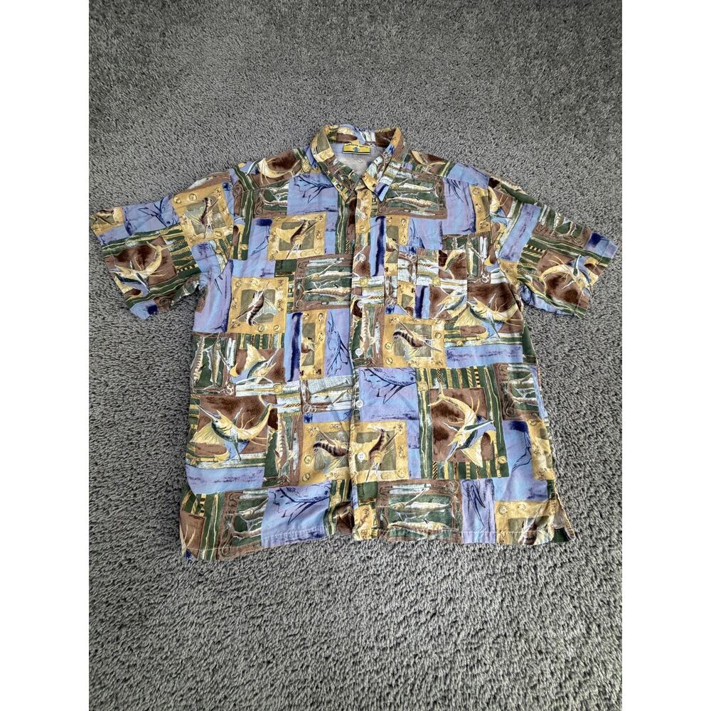 Paradise Gold Shirt Mens Large Multicolor Fish Hawaiian Aloha Button Front